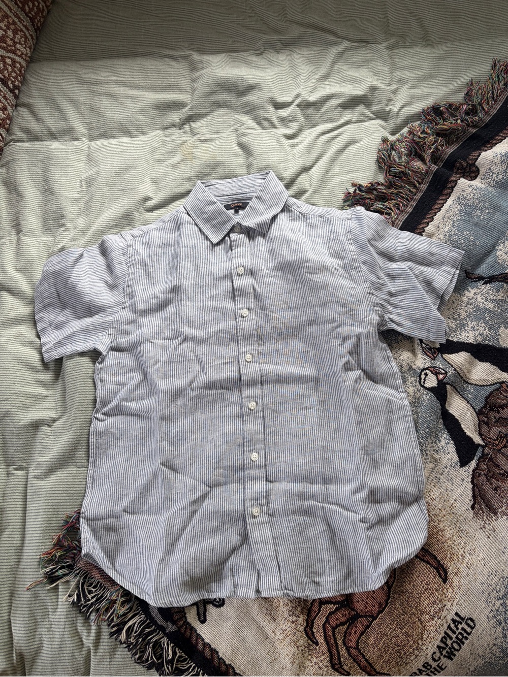 Quince linen Light Blue Striped Short Sleeve Button-Down Shirt Small